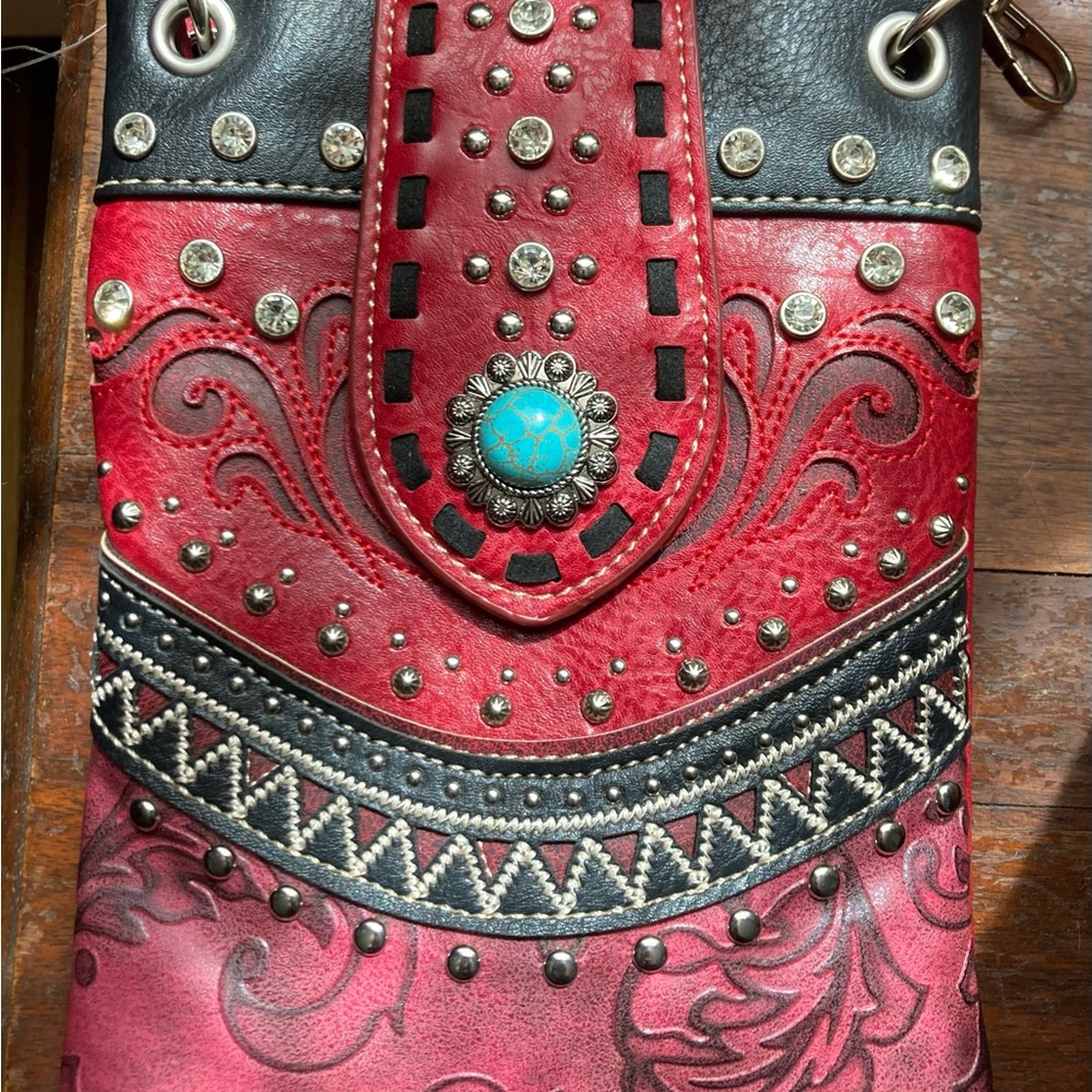 Stylish  Boho Red and Black Embellished Crossbody Bag